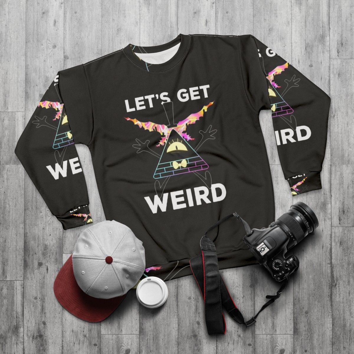 Gravity Falls "Let's Get Weird" Bill Cipher Sweatshirt - flat lay