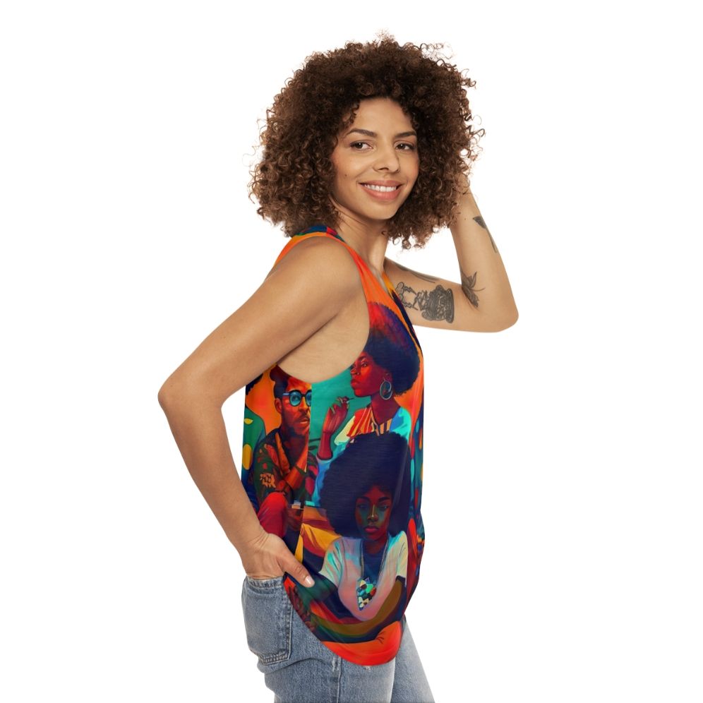 Unisex tank top with afrofuturistic, psychedelic art design - women side