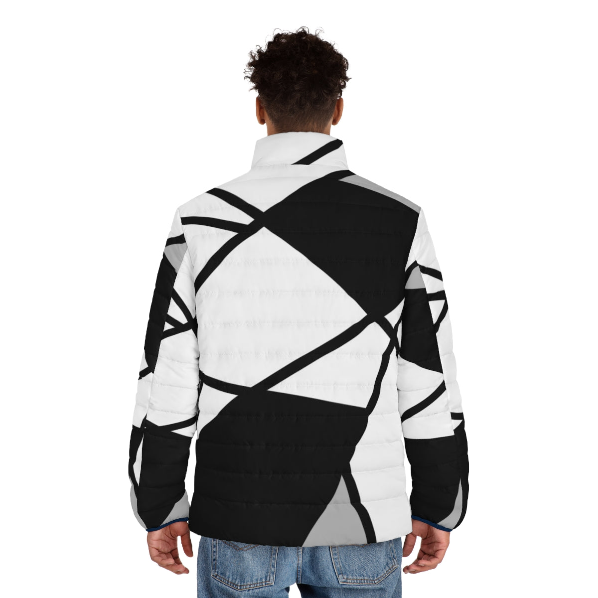 Black puffer jacket with modern geometric pattern - men back