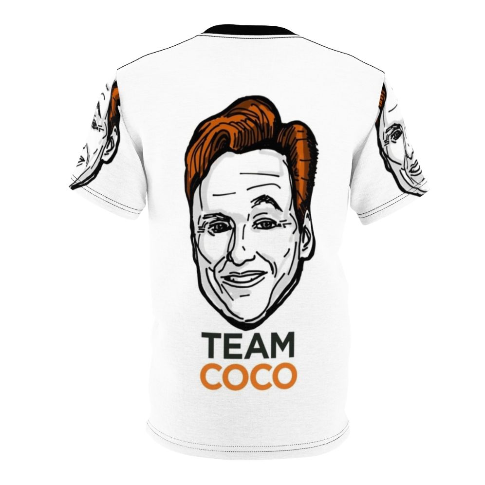 Conan O'Brien inspired All Over Print t-shirt featuring his distinctive eyebrows and "Team Coco" branding - Back