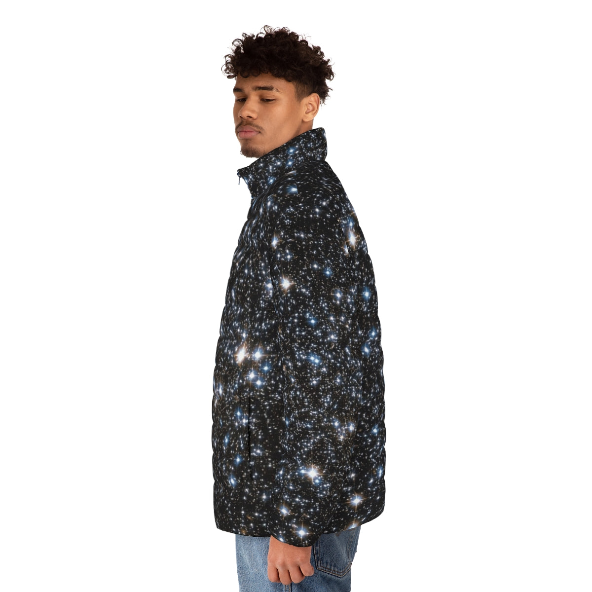 Glitter Galaxy Puffer Jacket featuring a stunning space-inspired design - men side left