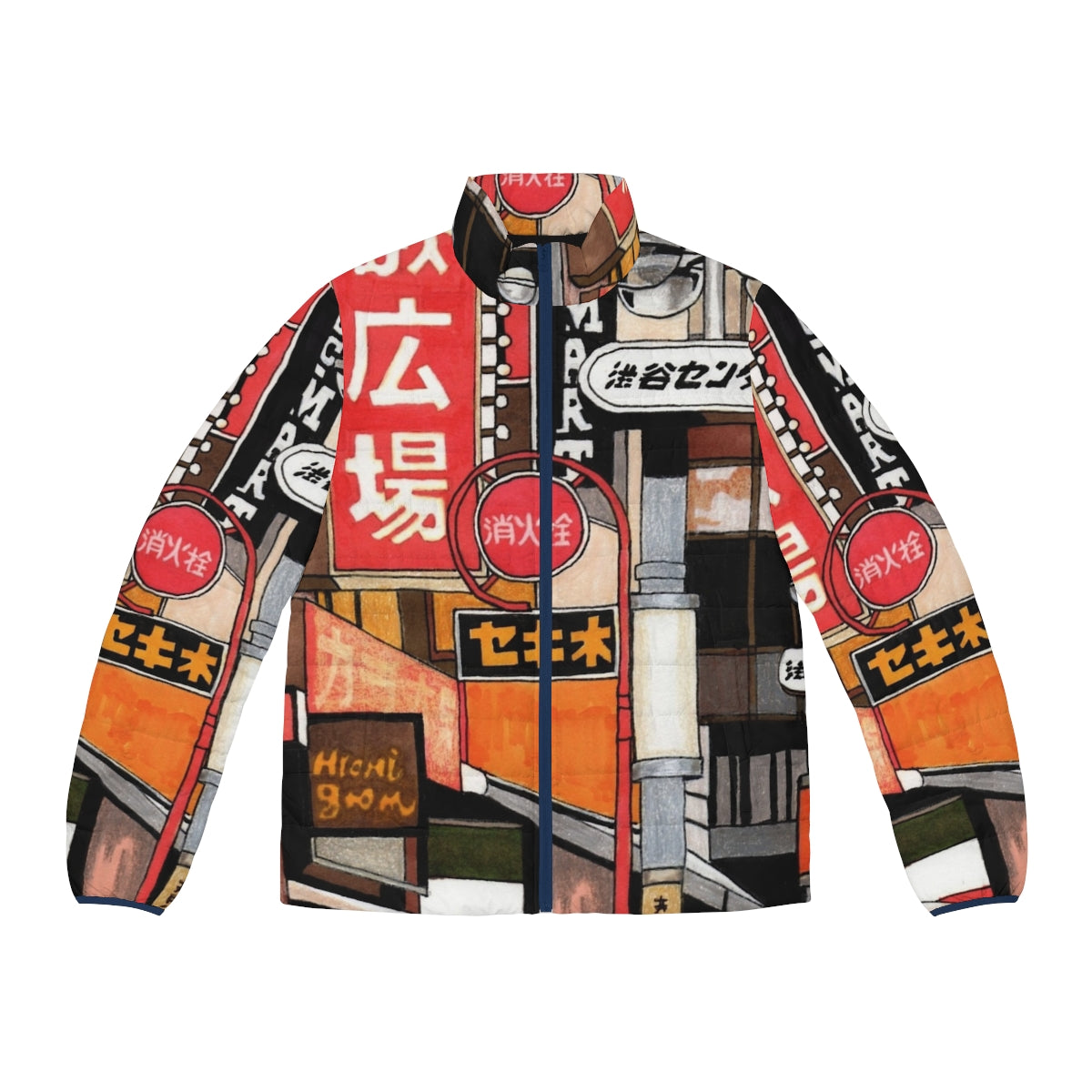 Tokyo street signs puffer jacket with neon graphic and calligraphy print