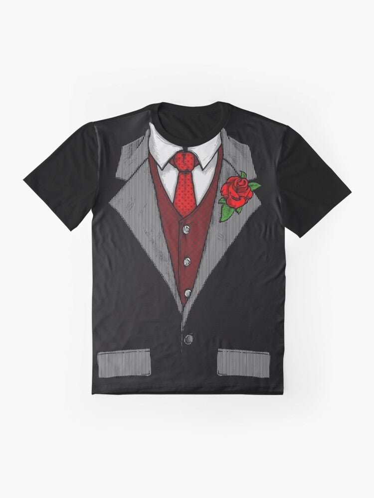 Funny graphic t-shirt design with a tuxedo costume, rose, and red tie for Halloween - Flat lay