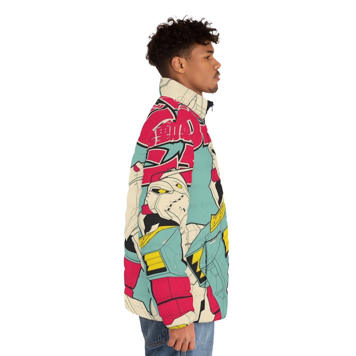 Gundam-Inspired Puffer Jacket, Anime-Style Mecha Fashion - men side right