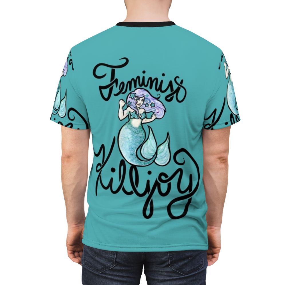 Empowering feminist killjoy t-shirt with a mermaid design, featuring legendary animals in a summer-themed illustration. - men back