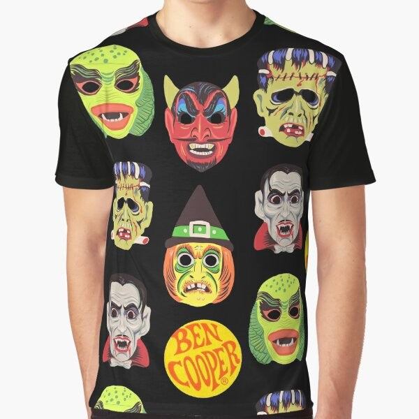 Vintage Halloween Masks Graphic T-Shirt with classic monster designs