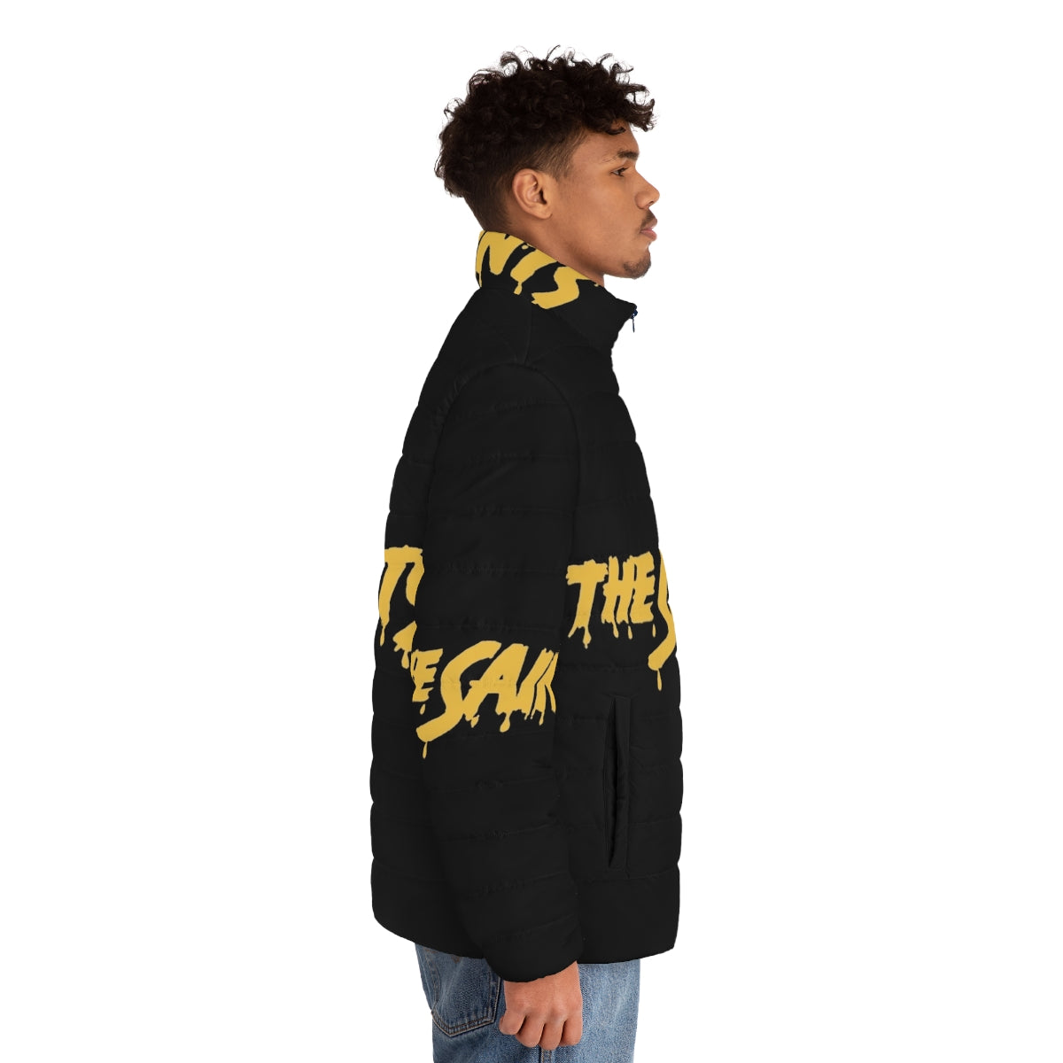 The Saints Puffer Jacket, a stylish and warm outerwear piece featuring a punk-inspired design - men side right