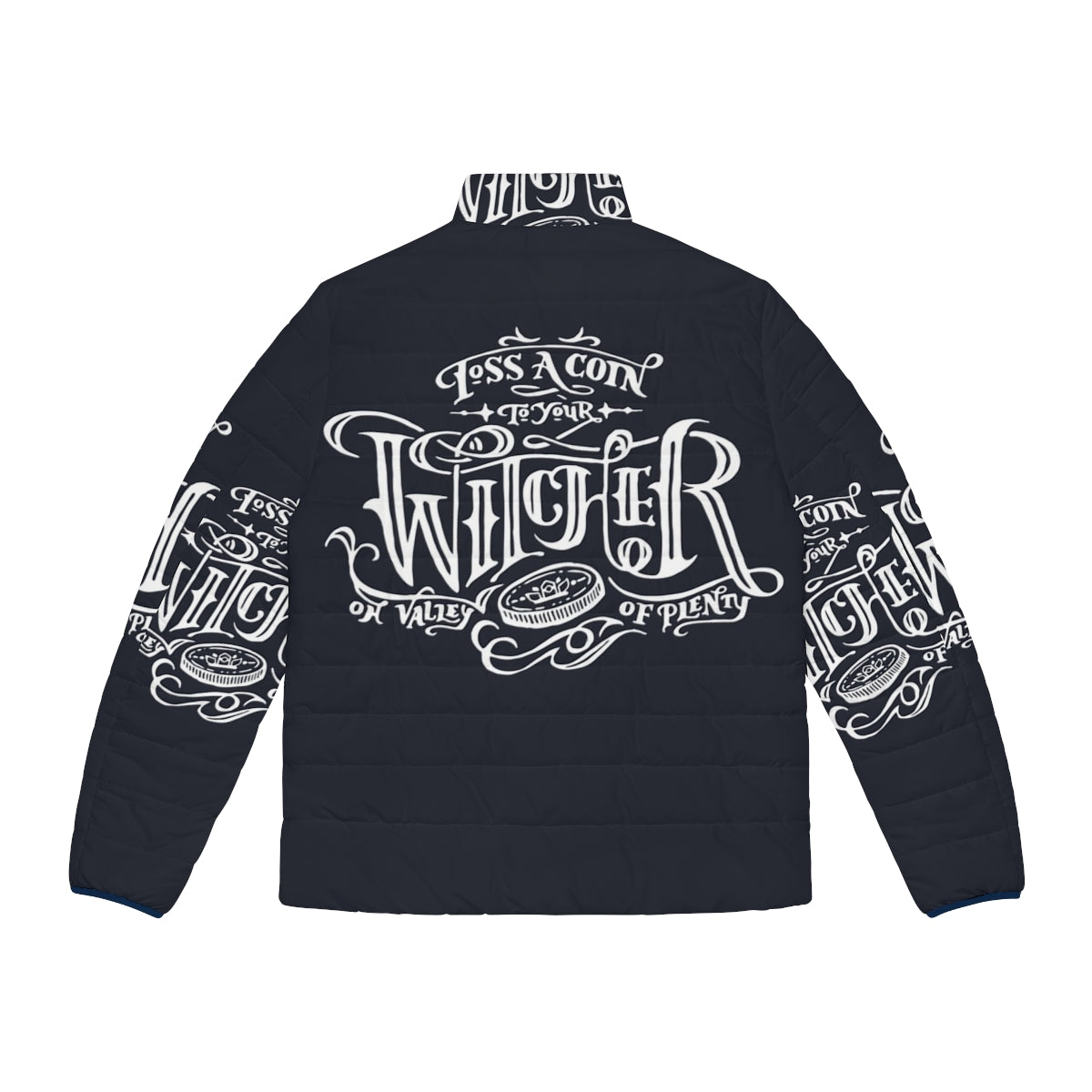 White puffer jacket with "Toss a Coin to Your Witcher" text and Witcher logo - Back