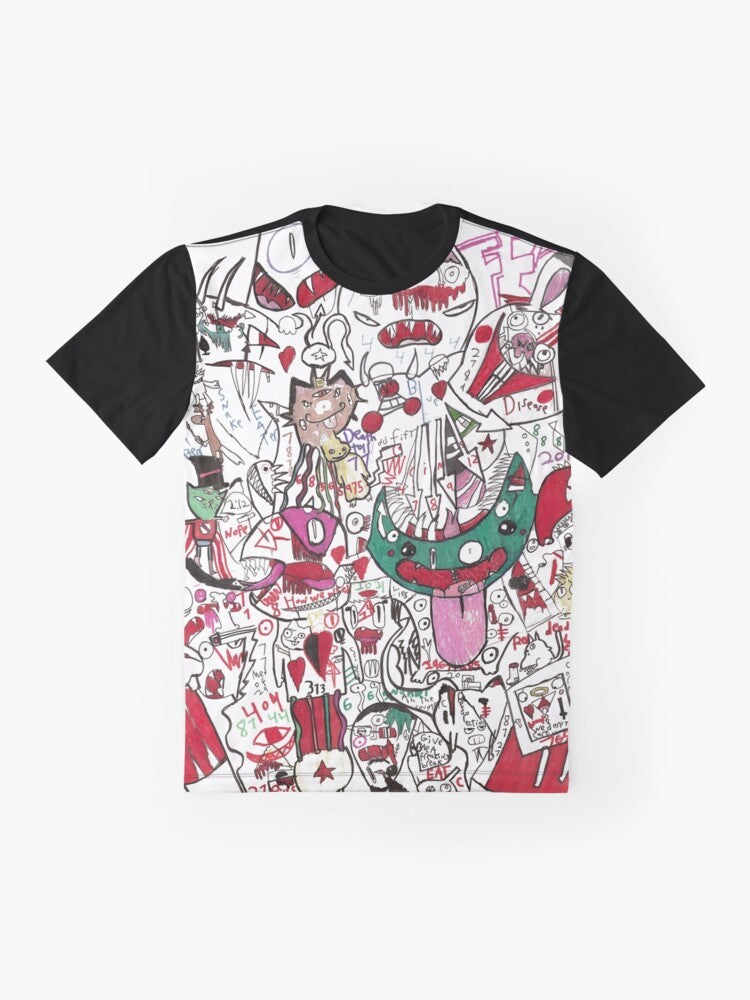 Psychedelic anime-inspired graphic t-shirt with a funky, cool, and unusual morph design - Flat lay