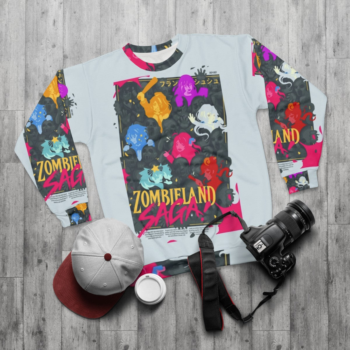 Zombieland Saga anime sweatshirt with zombie and manga characters - flat lay