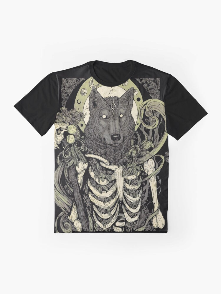 Werewolf graphic t-shirt with a dark, mythical design featuring a wolf skull and skeleton elements - Flat lay