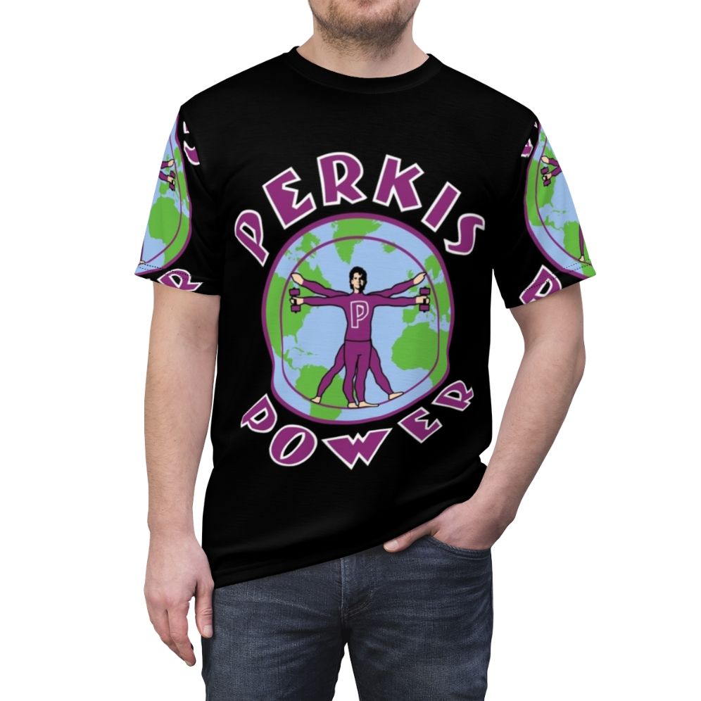 Perkis Power Inspired T-Shirt featuring humorous nod to '90s comedy Heavyweights - men front