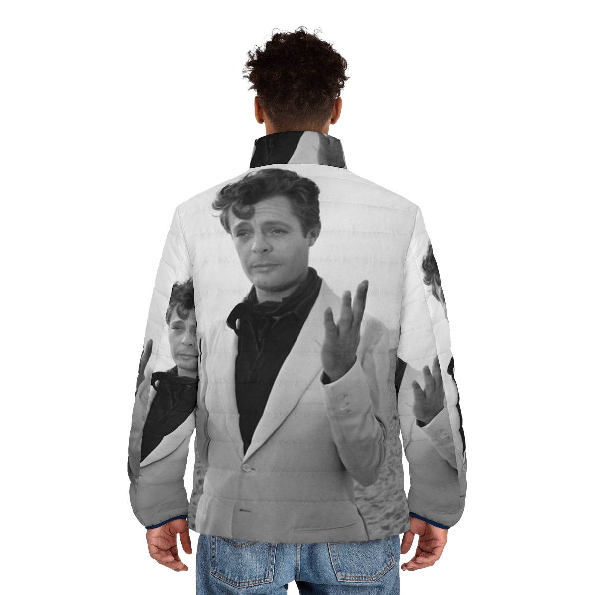 Marcello Mastroianni inspired puffer jacket with Italian cinema and nouvelle vague design elements - men back