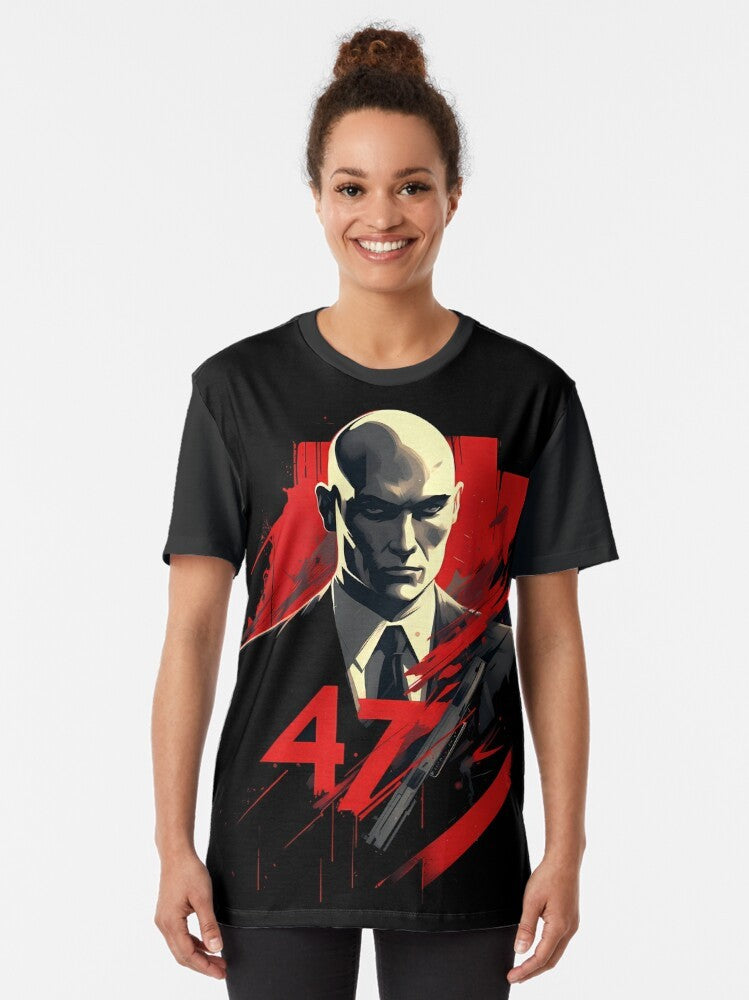 A graphic t-shirt featuring the iconic Agent 47 character from the Hitman video game series. - Women