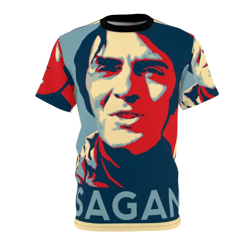 A high-quality T-shirt featuring a cosmic design inspired by the work of renowned astrophysicist Carl Sagan.