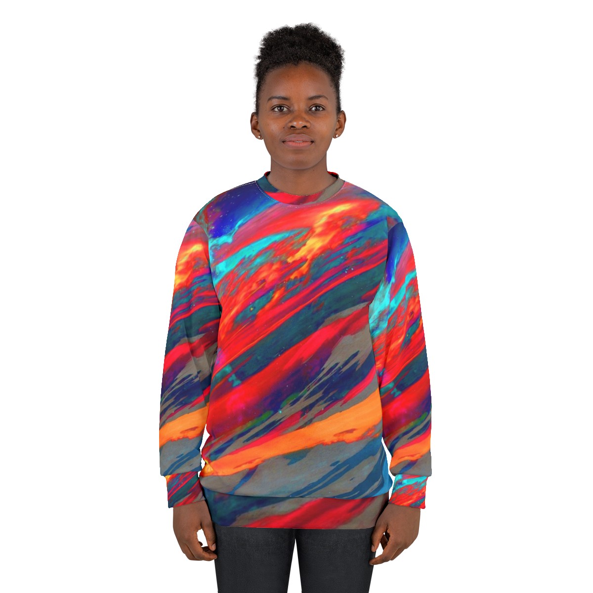 Cosmic Nebula Sweatshirt featuring a vibrant galaxy design - women