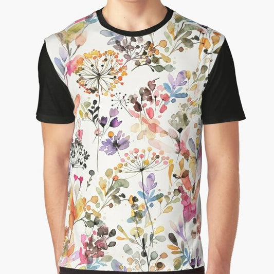 Botanical watercolor illustration of wild flowers and plants on a graphic t-shirt