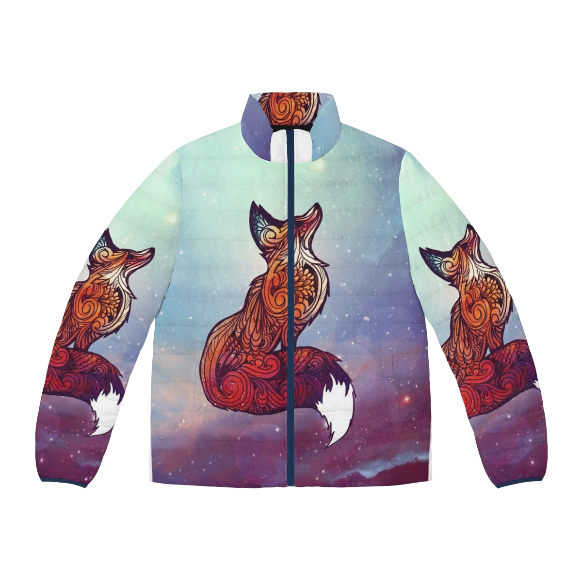 Puffer jacket featuring a digital illustration of cute space foxes in a starry galaxy