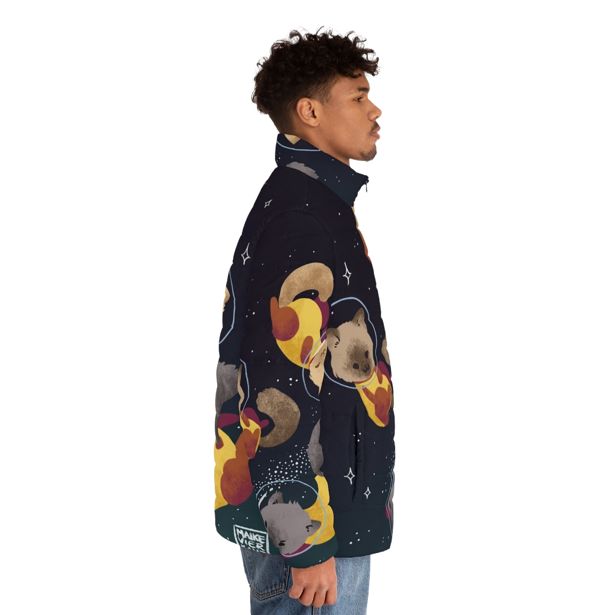 Space Cats Puffer Jacket featuring a digital illustration of adorable cats in a cosmic setting - men side right