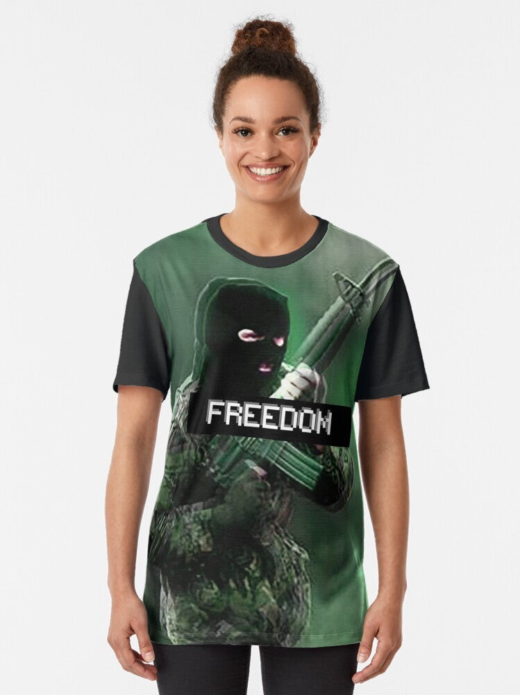 FREEDOM Graphic T-Shirt featuring Irish revolutionary symbols and slogans - Women