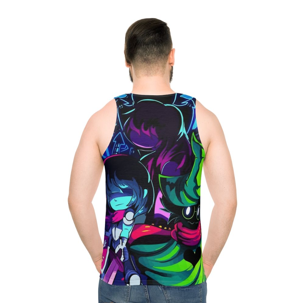 Deltarune gaming tank top with minimalist character designs - men back