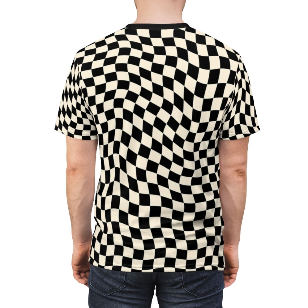 Stylish t-shirt featuring a vibrant wavy checkerboard pattern design - men back