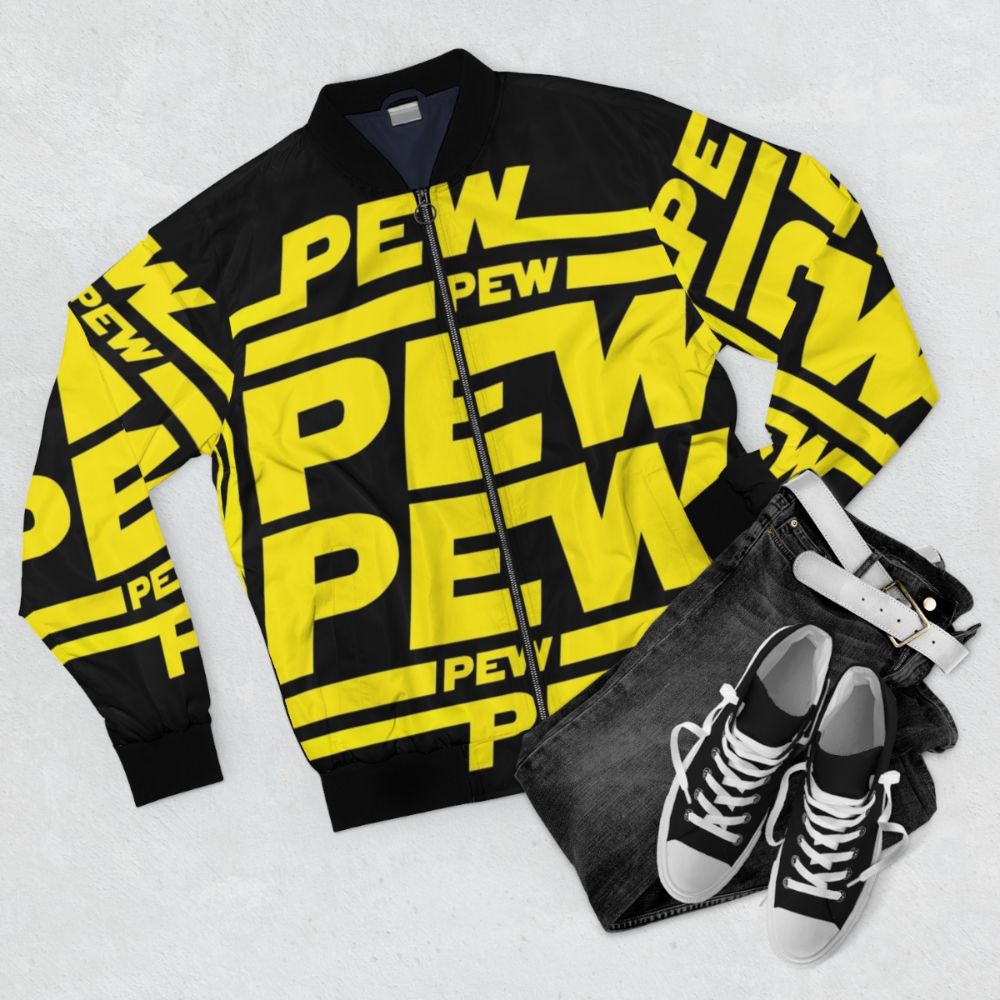 Pew pew laser fighter bomber jacket with space and galaxy design - Flat lay