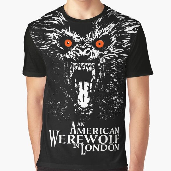 American Werewolf in London horror movie graphic t-shirt with a wolf, full moon, and other spooky elements