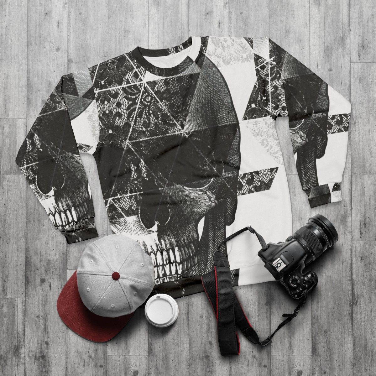 Geometric skulls dia de los muertos sweatshirt - flat lay