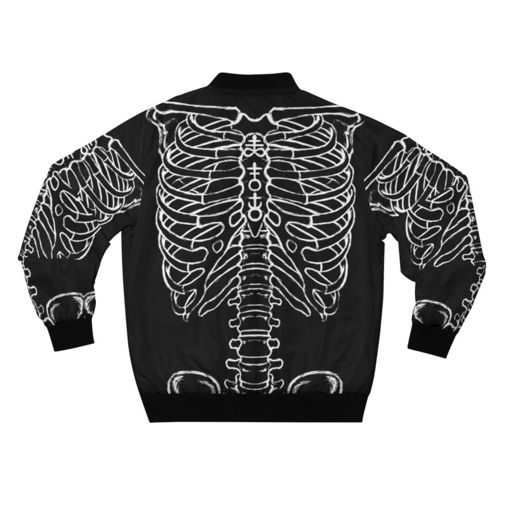 A black bomber jacket featuring a skeleton rib cage design, perfect for a dark and spooky Halloween look. - Back