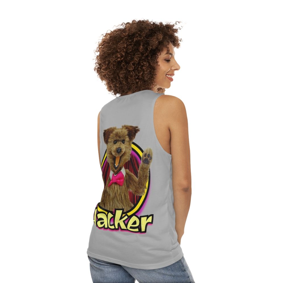 Unisex hacker t-shirt from Hacker Time featuring colorful retro puppet design - women back