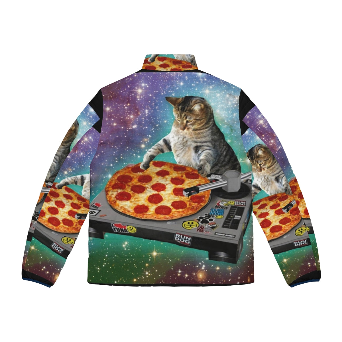 Dj cat pizza puffer jacket with a hilarious meme design - Back