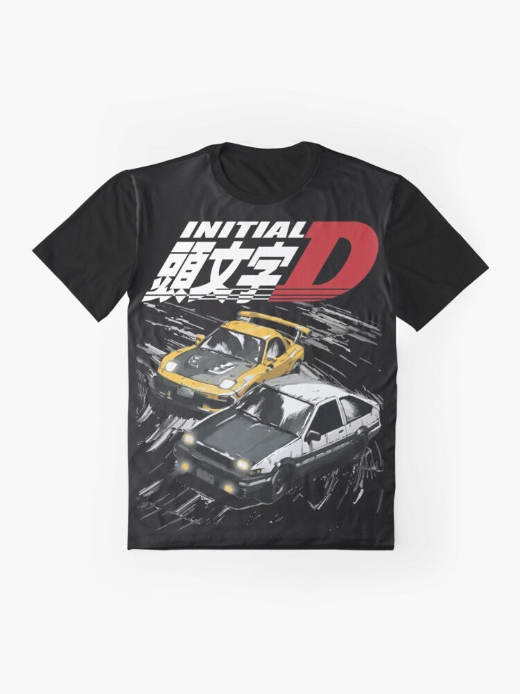 Graphic t-shirt featuring the iconic Initial D AE86 and FD RX-7 drifting cars - Flat lay