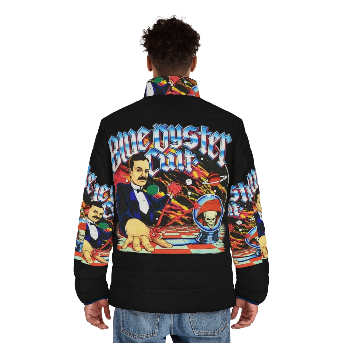 Blue Oyster Cult inspired puffer jacket featuring the iconic band logo - men back