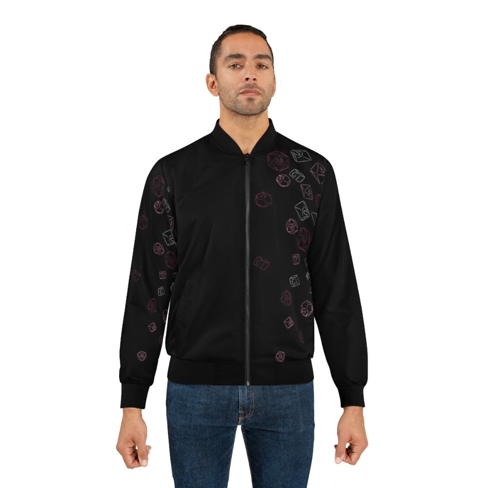 Retro bomber jacket with cascading pink dice pattern, perfect for gamers and RPG enthusiasts. - Lifestyle