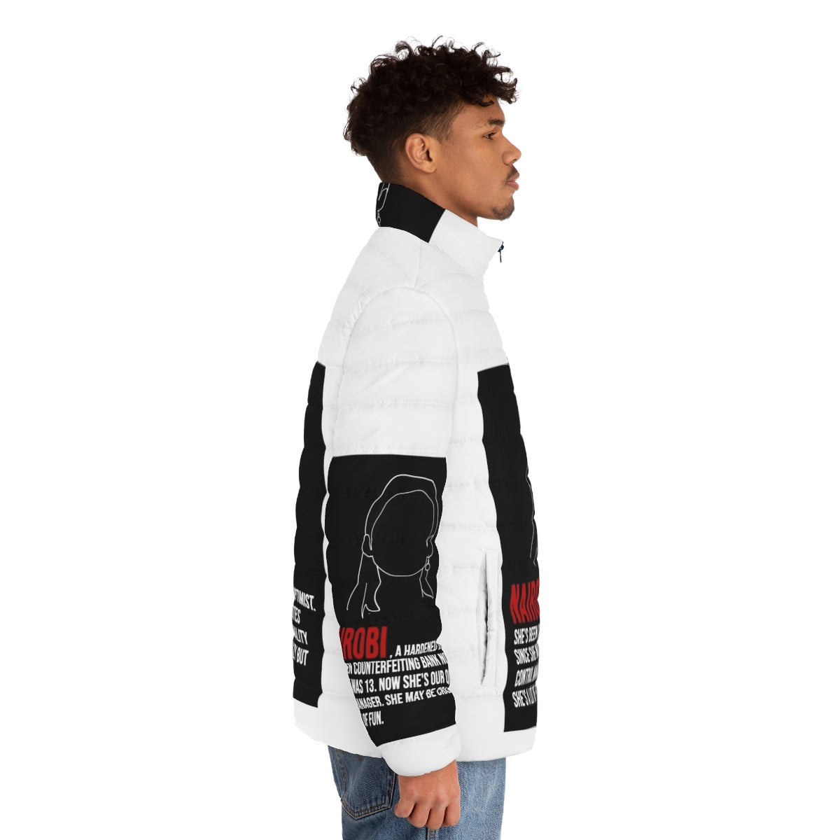 Nairobi's House of Money puffer jacket featuring lineart and quotes from the Netflix series Money Heist - men side right