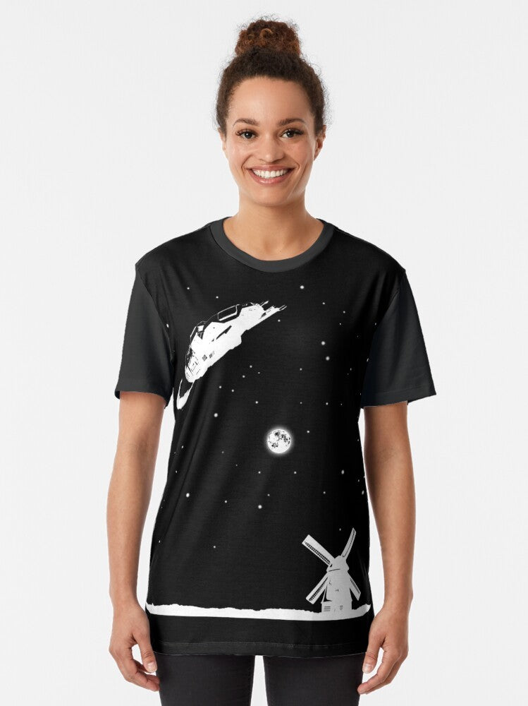 "The Expanse Rocinante Sci-Fi Graphic T-Shirt featuring windmills and space imagery" - Women