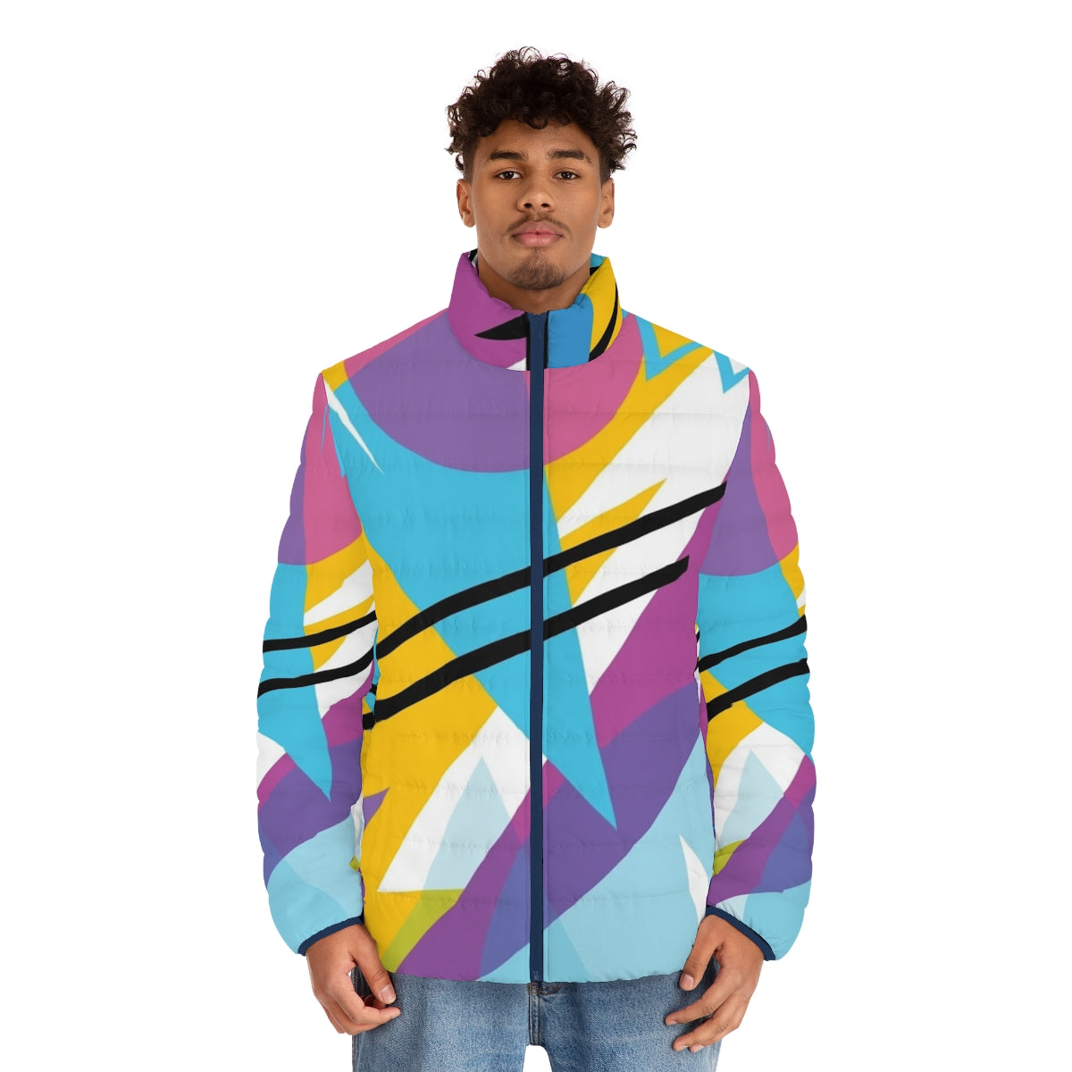 80s style retro fashion puffer jacket with neon pattern - men front