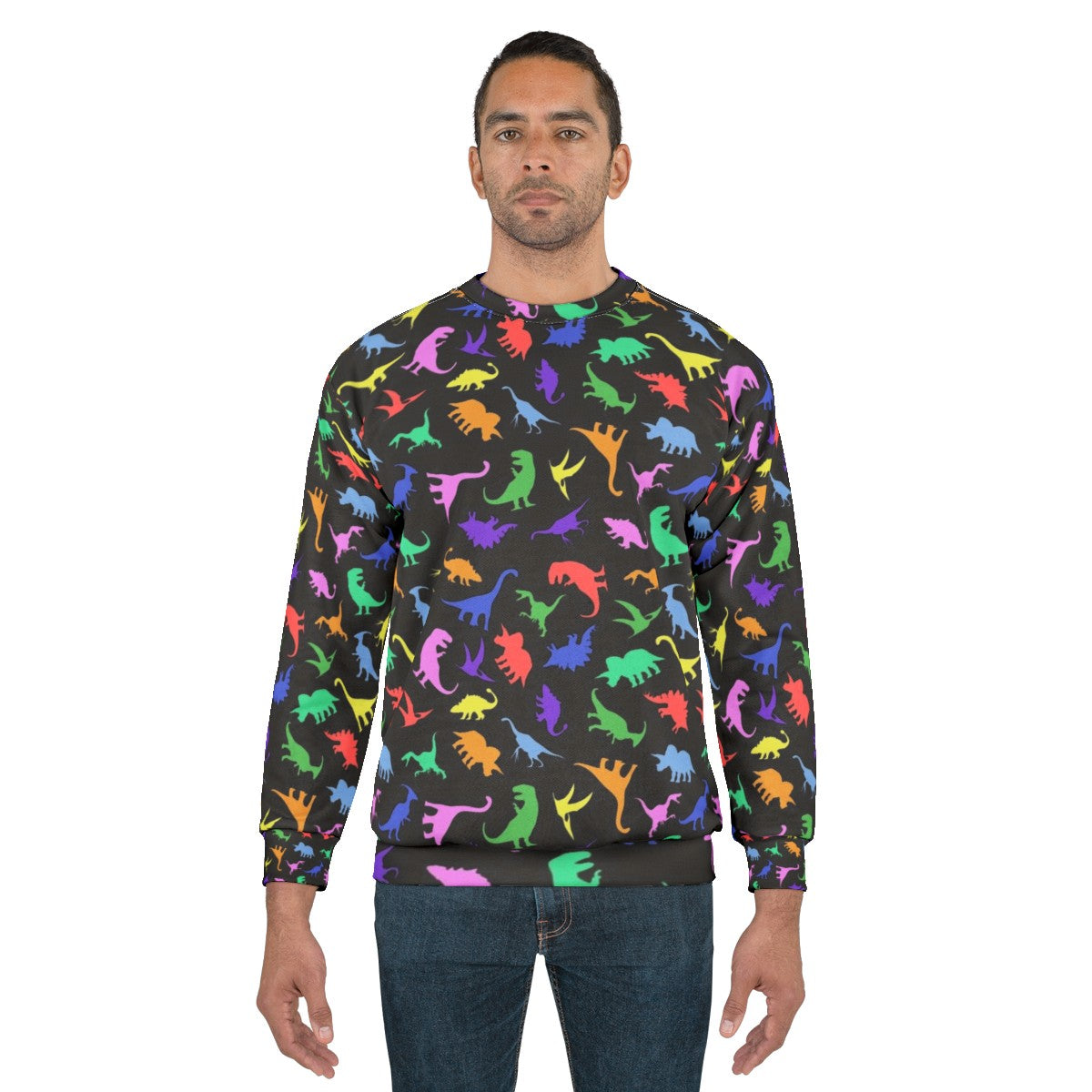 Black sweatshirt with a fun dinosaur pattern design - men