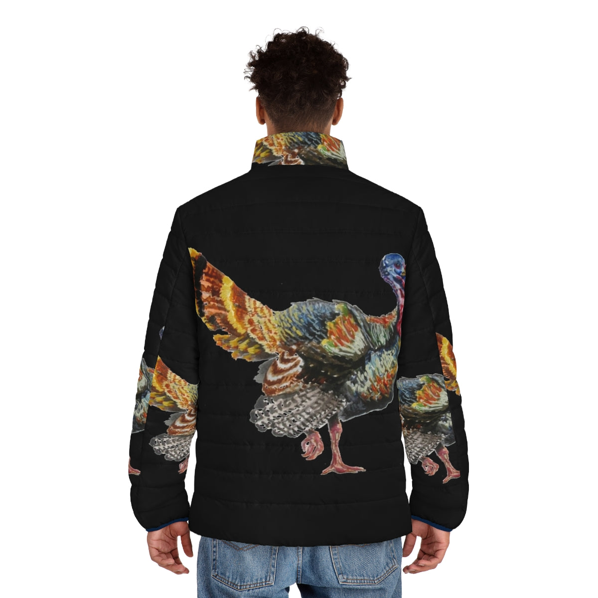 Watercolor turkey puffer jacket featuring realistic turkey feather design - men back