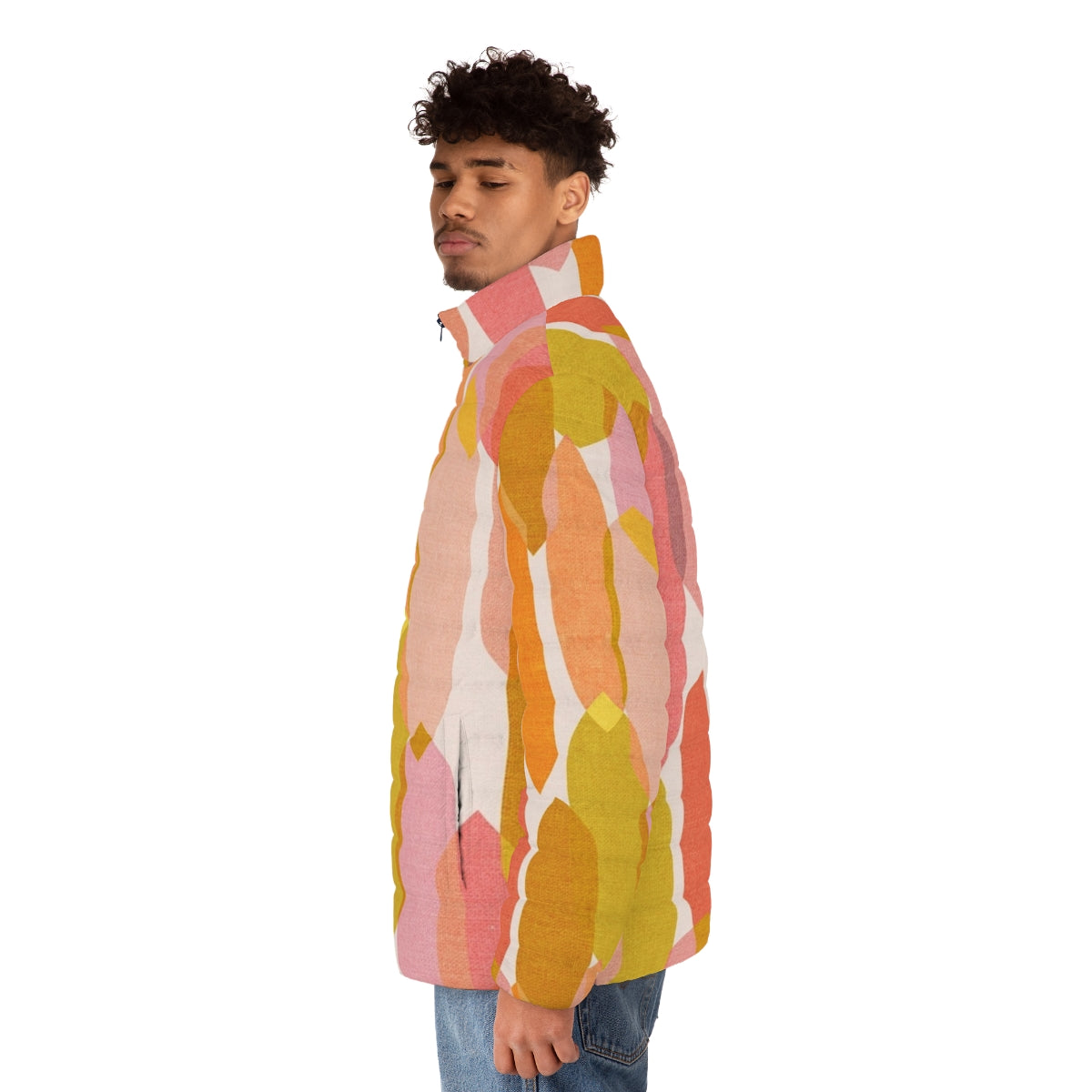 Colourful mid-century inspired puffer jacket with abstract geometric droplet print - men side left