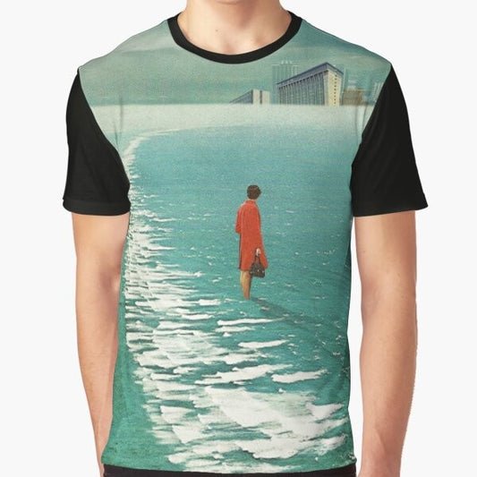 Vintage collage graphic t-shirt featuring a surreal landscape with a woman waiting for the cities to fade out, set against a dark sky and ocean.