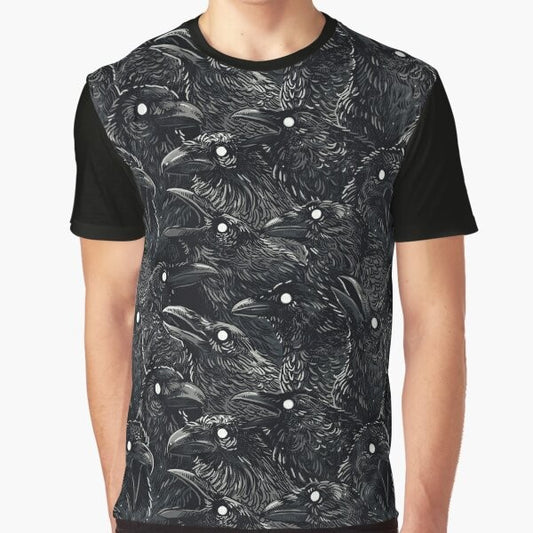 Raven pattern graphic t-shirt with a flock of dark birds and a spooky, gothic design