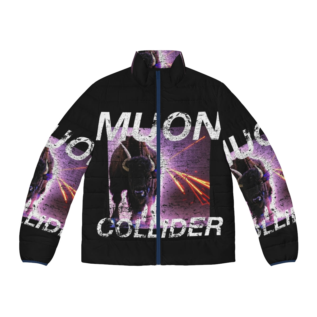 Muon Collider inspired retro puffer jacket with vintage physics t-shirt design