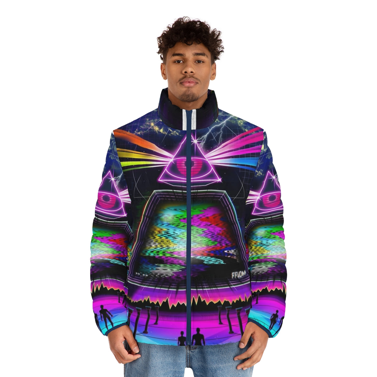 Retro 80s style puffer jacket with glitch and VHS aesthetic - men front