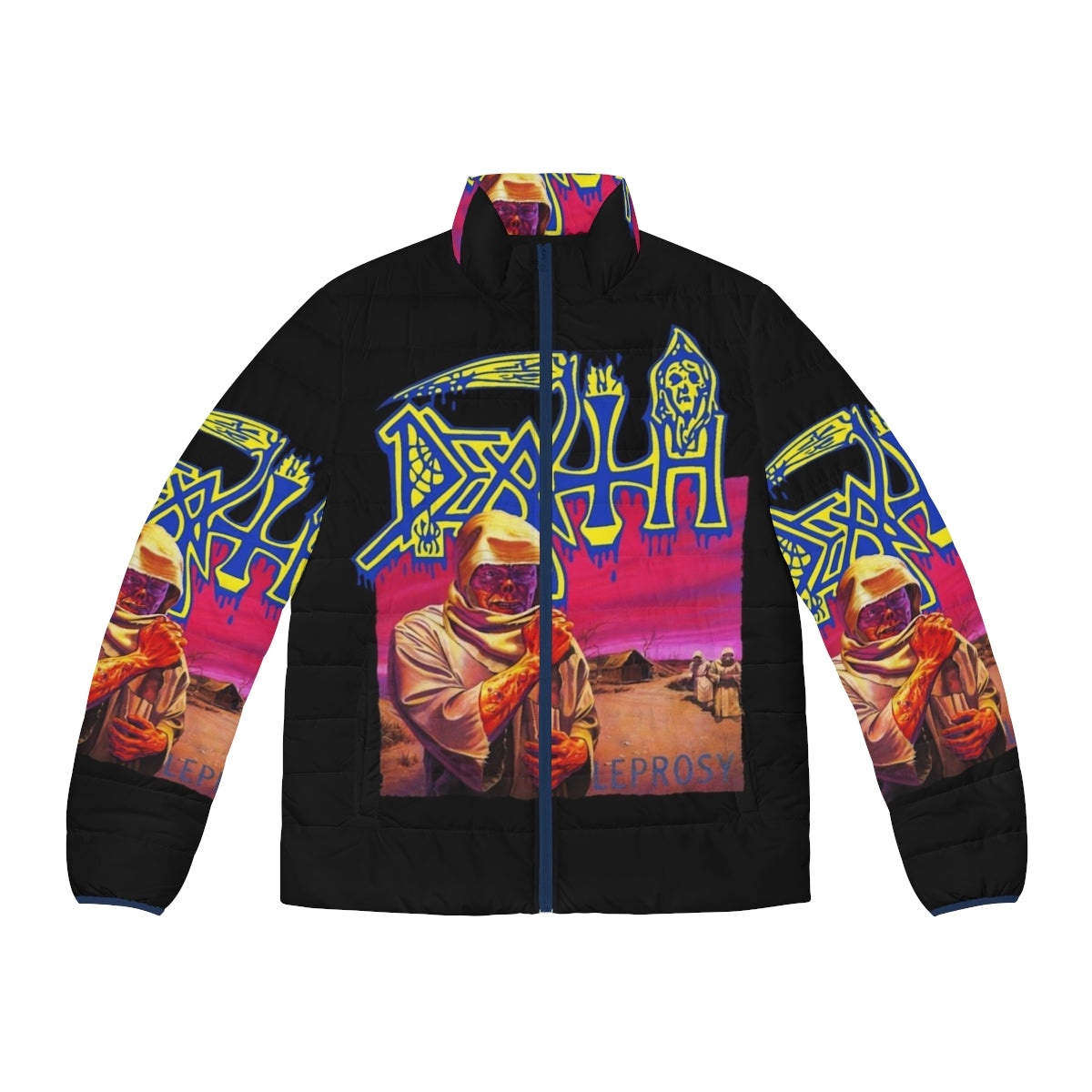 Death Leprosy Puffer Jacket featuring death metal, black metal, and thrash metal graphics