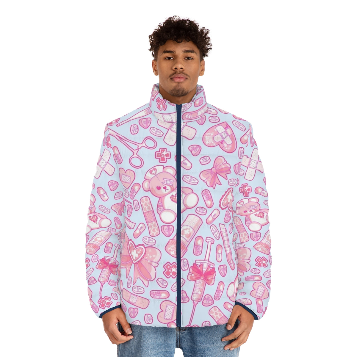 Sickly sweet puffer jacket in pastel goth, yume kawaii style with medical and horror elements - men front