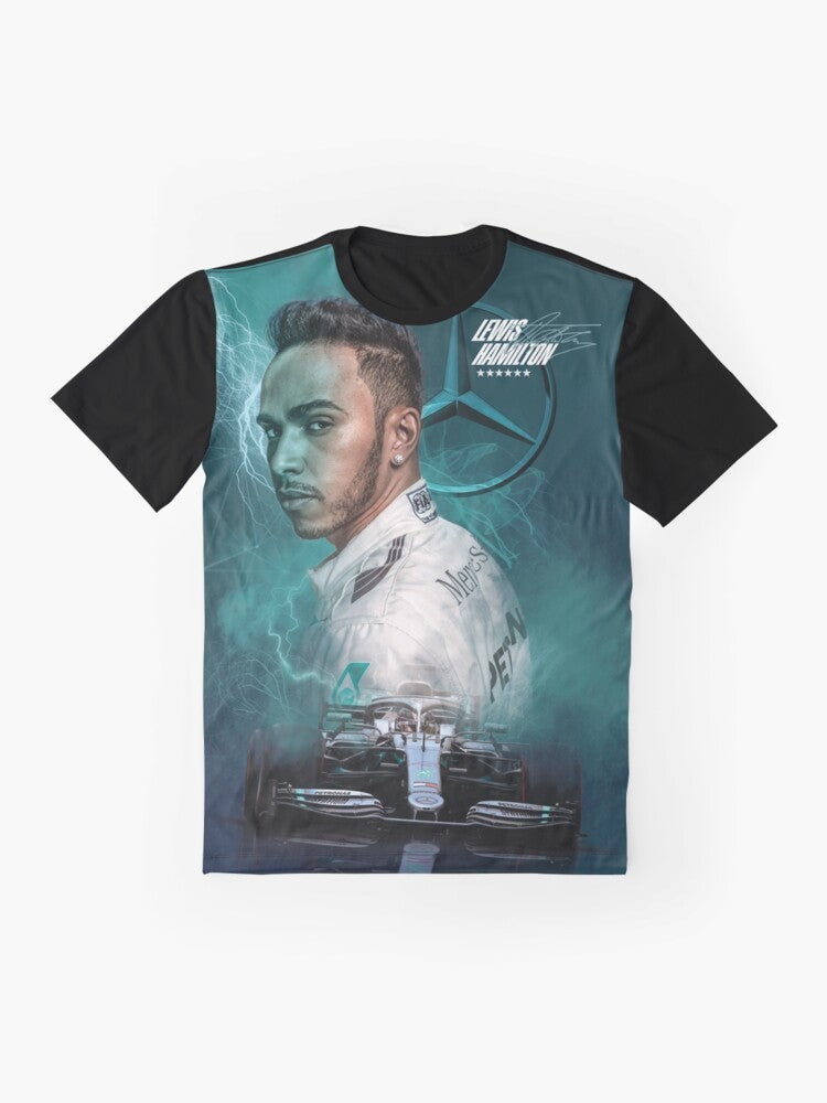 Lewis Hamilton wearing a Mercedes Formula 1 racing t-shirt with a graphic design - Flat lay