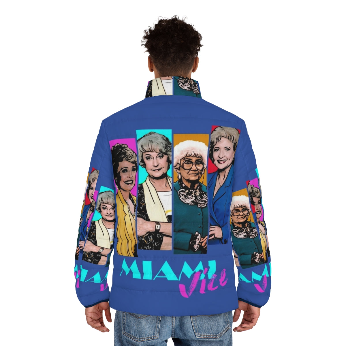 Model wearing the Miami Vice inspired 80s style puffer jacket - men back