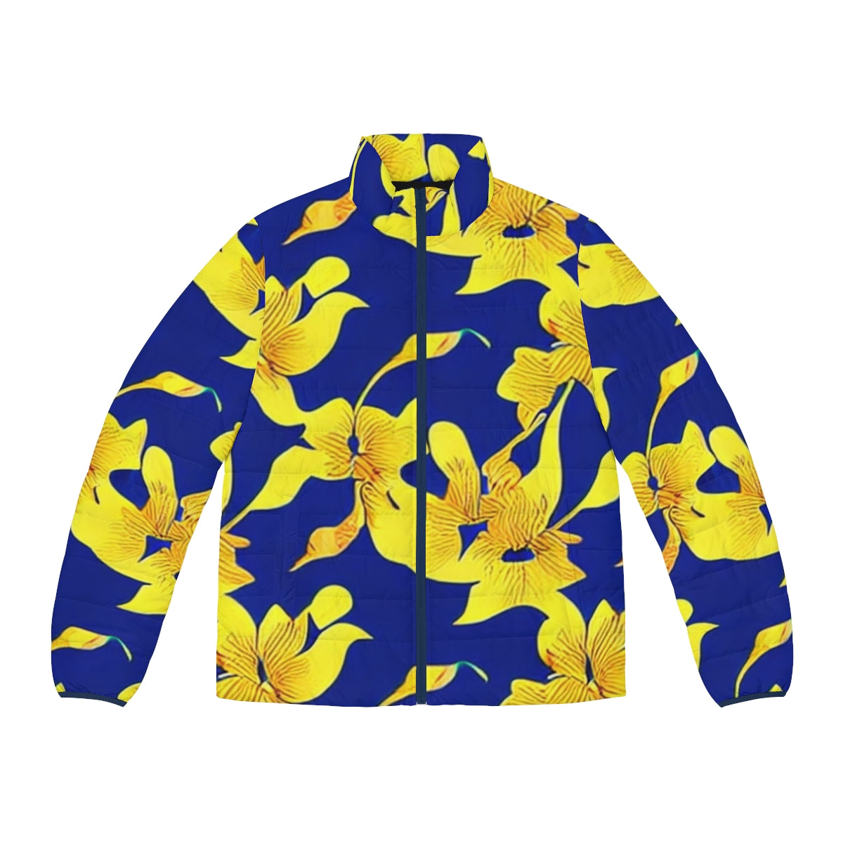 Closeup of a blue puffer jacket featuring a vibrant abstract yellow floral pattern